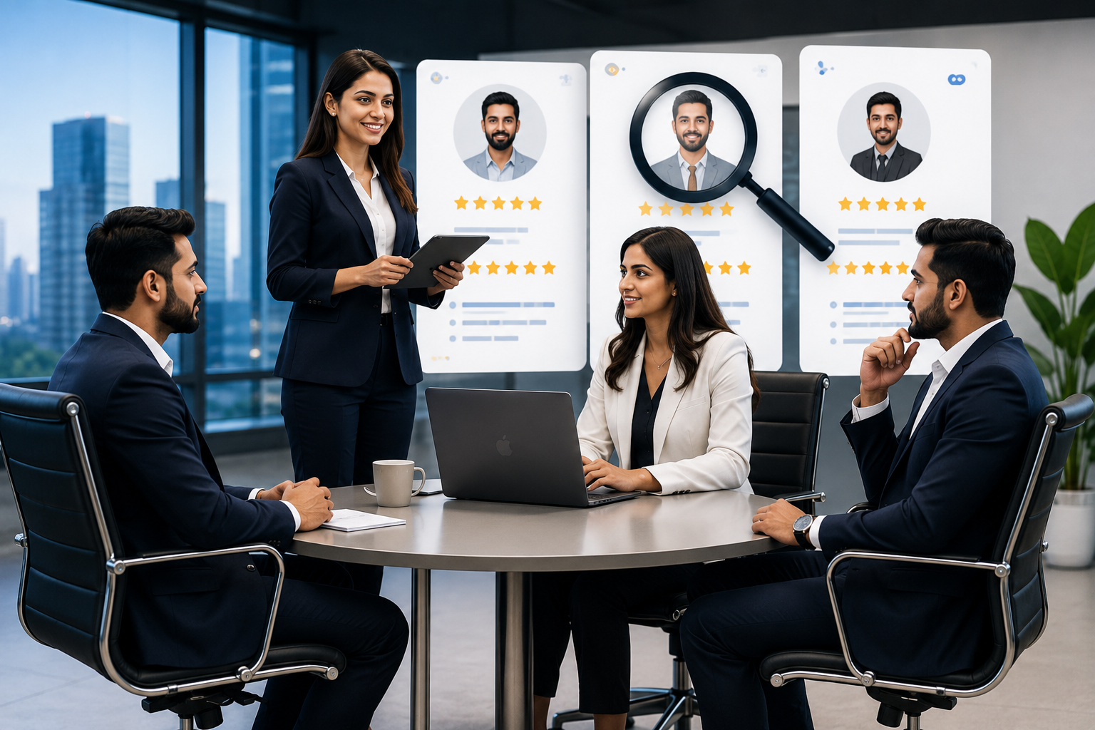 Recruitment team reviewing candidate profiles in a modern office